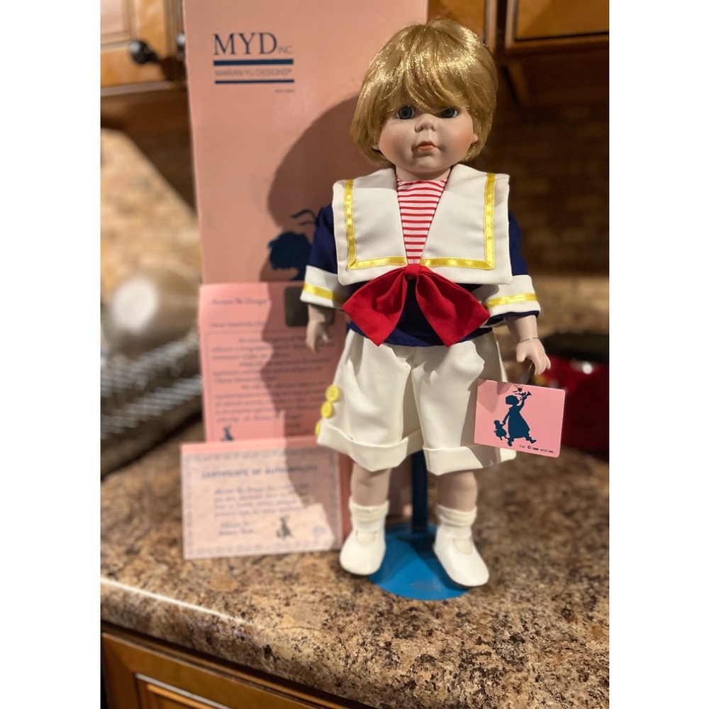 Marian Yu Designs MYD Porcelain Boy Doll Barthalomew Sailor Outfit w/ Stand COA